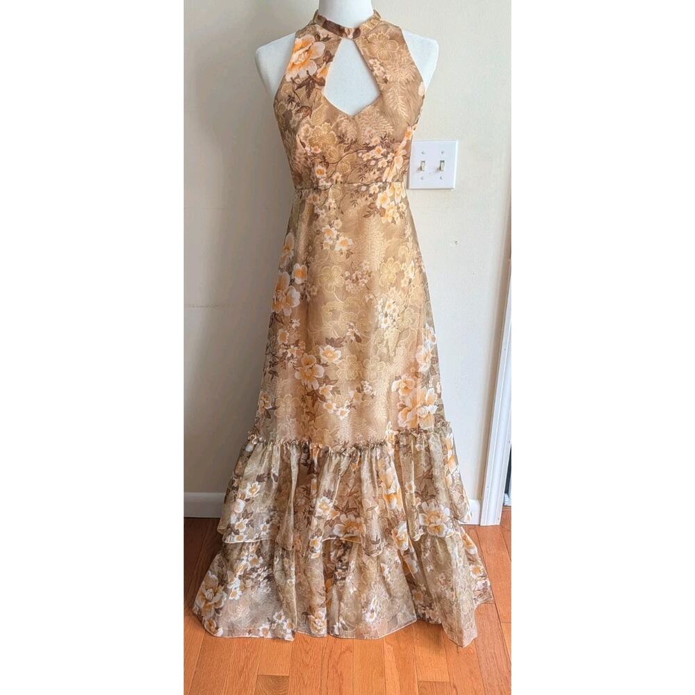 Vintage 1970s Organza Cherry Blossom Keyhole A Line Gown Ruffle Hem Size 12